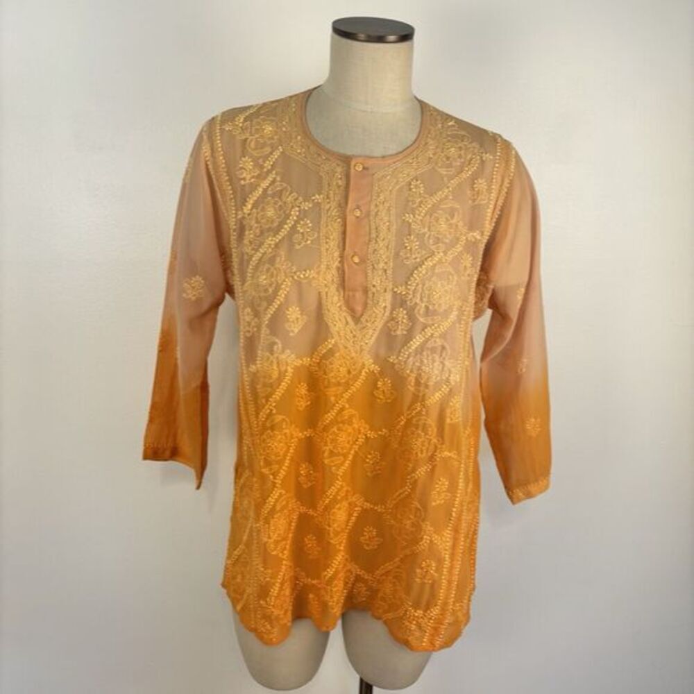 Peach Embroidered Tunic Top Pullover Henley Boho Kurti Ombre Sheer